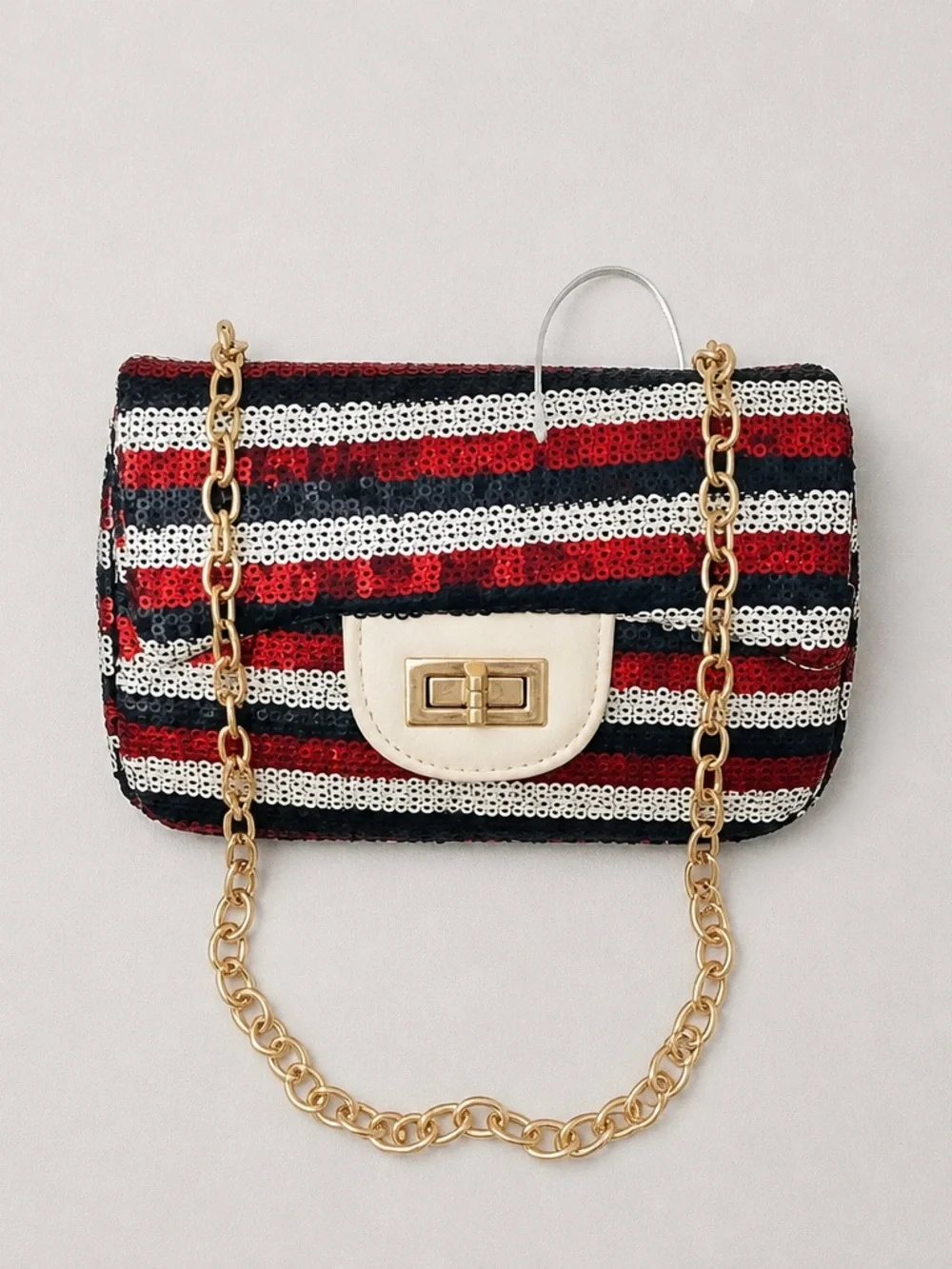 NWT Doe A Dear Girls Striped Sequin Purse Crossbody Black Red White Gold Accents